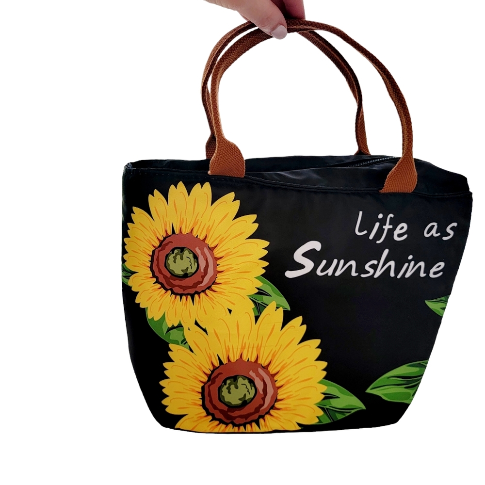 Gloppie Insulated lunch bag cooler sunflowers sunshine lunch tote black yellow‎